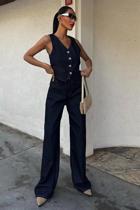 Ensemble En Jean Avec Gilet Et Pantalon Palazzo - Bleu Marine